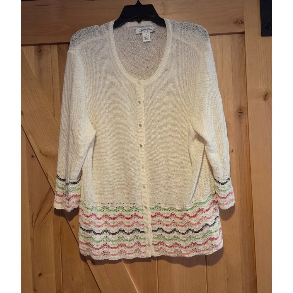 JUDITH HART VINTAGE 90s Scallop Knit Button Cardigan Sweater Size 1X Pink Green